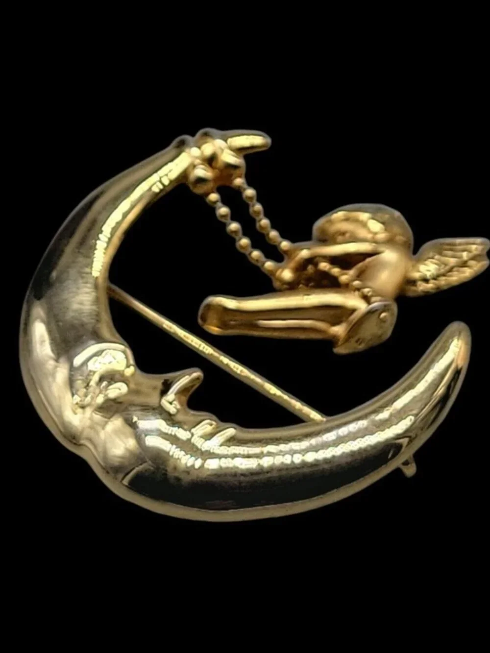 Vintage Danecraft Man on the Moon Brooch Cherub Angel Swinging Gold Tone